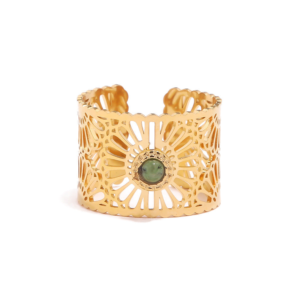 Adjustable hypoallergenic ring with green stone, showcasing delicate and lightweight design-5