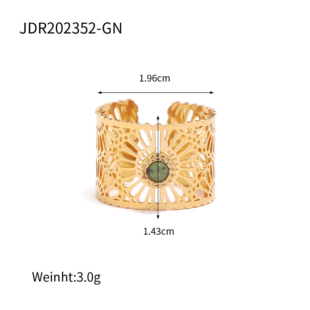 Adjustable hypoallergenic ring with green stone, showcasing delicate and lightweight design-10