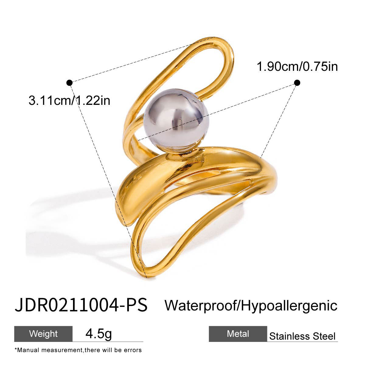 Chunky gold ring with gray pearl inlay, adjustable hypoallergenic statement jewelry for women-4