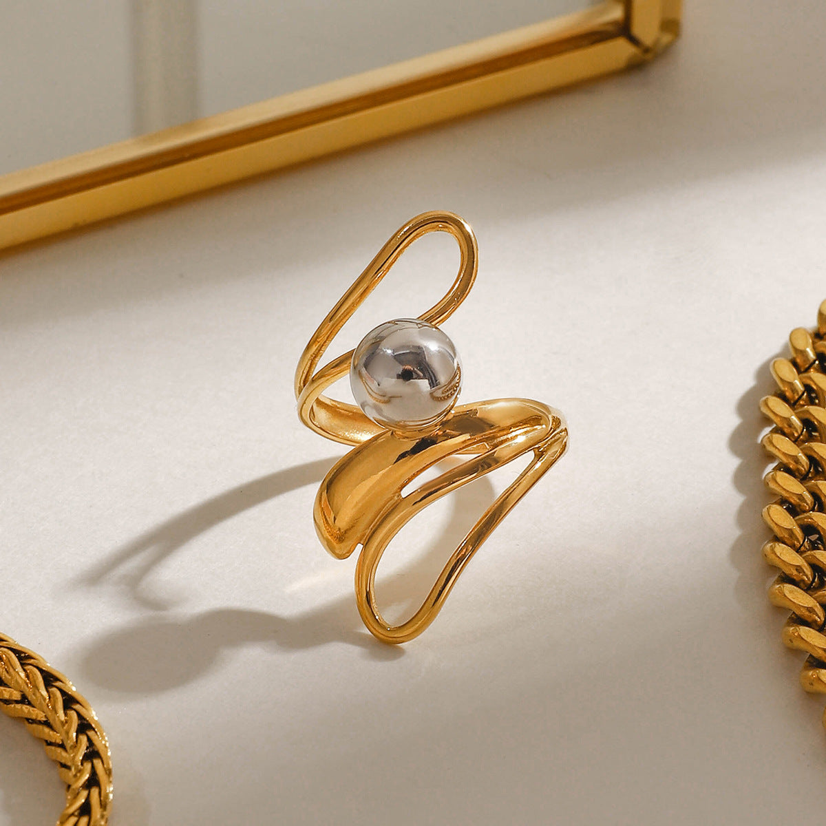 Chunky gold ring with gray pearl inlay, adjustable hypoallergenic statement jewelry for women-8