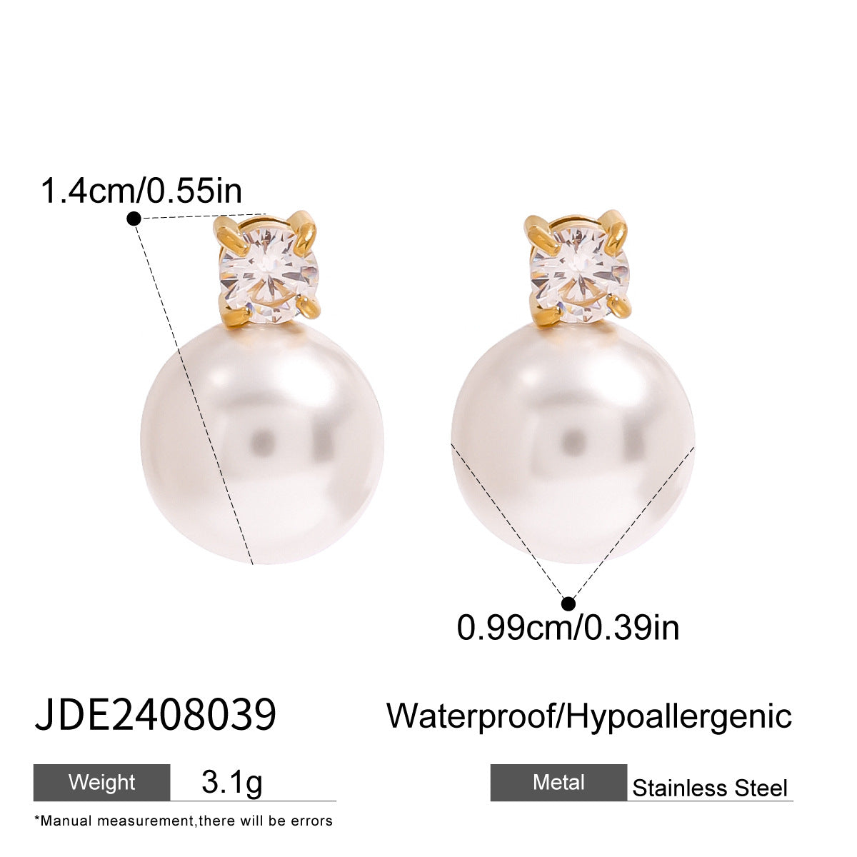 Gold-tone stainless steel pearl stud earrings, 1.4cm diameter with 0.99cm pearl, waterproof and hypoallergenic 3
