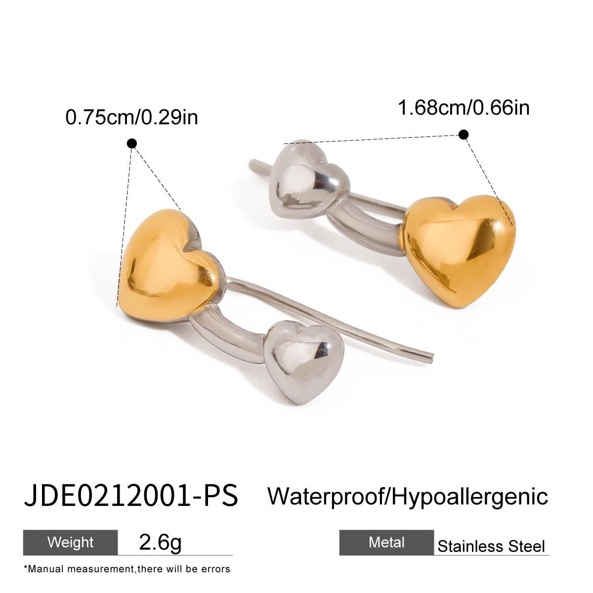 Gold and silver two-tone heart earrings for women, hypoallergenic 0.75cm design for sensitive ears 6