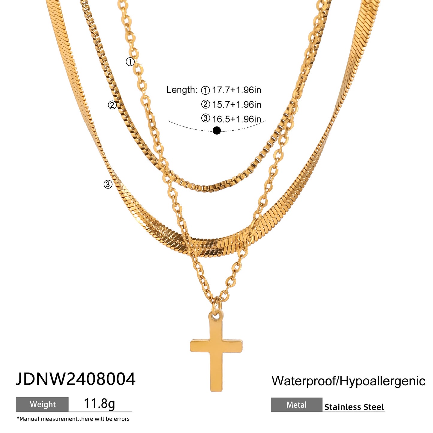 Gold cross pendant necklace shown at three adjustable lengths (15.7-17.7in) with 11.8g stainless steel chain 2