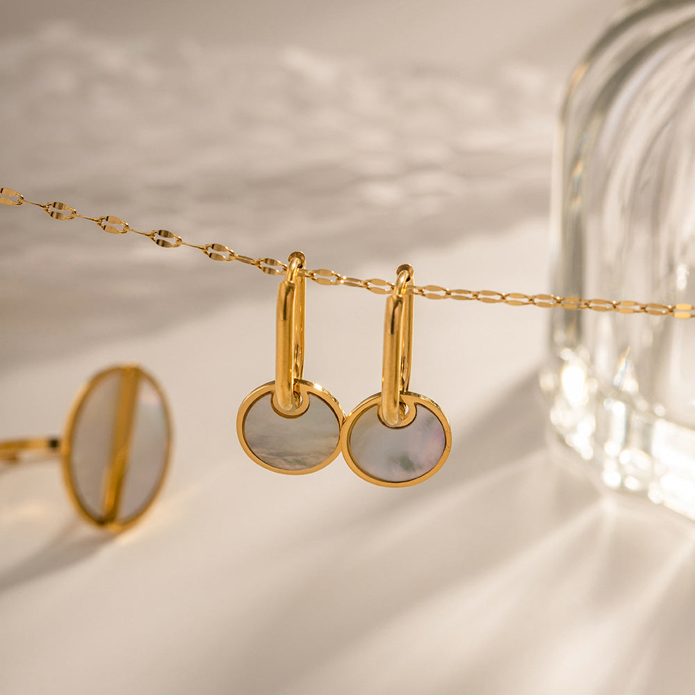 Gold round mother-of-pearl dangle earrings (3.43cm) - trendy jewelry for women 3