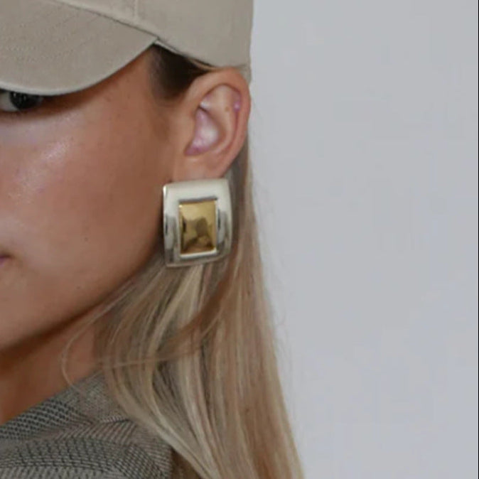 Gold and silver-tone oversized rectangle statement earrings (3.27cm) with modern geometric design 10