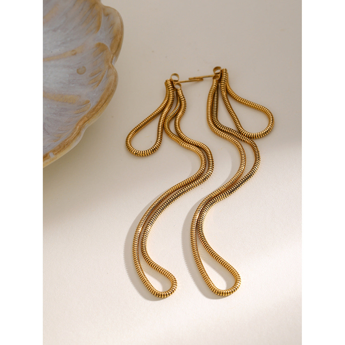 10.5cm slim gold-tone stainless steel threader earrings by Arza - lightweight waterproof everyday jewelry for sensitive ears 7