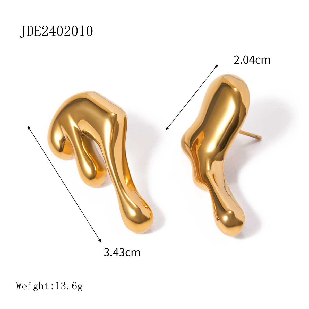 Gold-tone stainless steel asymmetrical huggie earrings, 3.43cm with 2.04cm drop, modern everyday jewelry 4