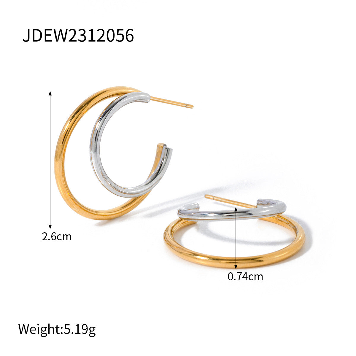 Gold-tone stainless steel double hoop earrings, 2.6cm diameter, ultra-lightweight 5.19g 2