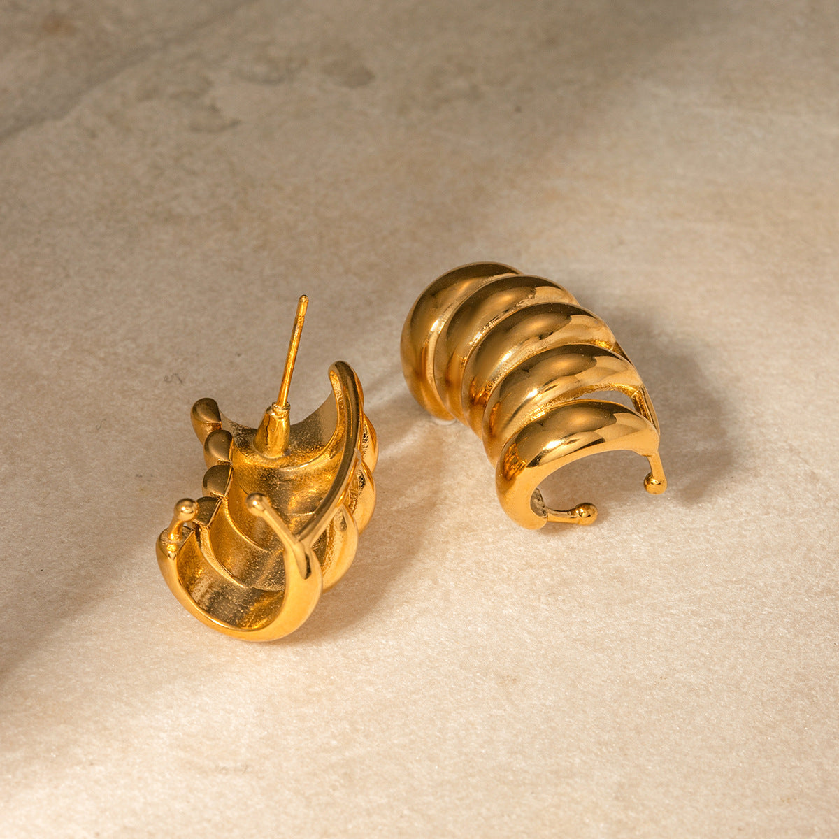 Modern gold-tone geometric stud earrings (3.2cm) in stainless steel by Arza Accessories - lightweight statement jewelry for everyday wear 2