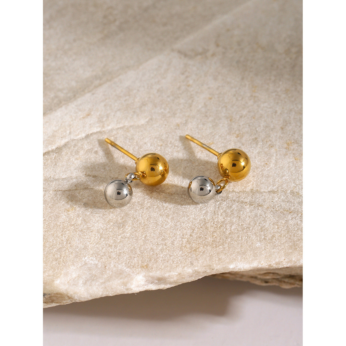 Gold-tone stainless steel round bead stud earrings, 1.46cm diameter, lightweight and hypoallergenic.2