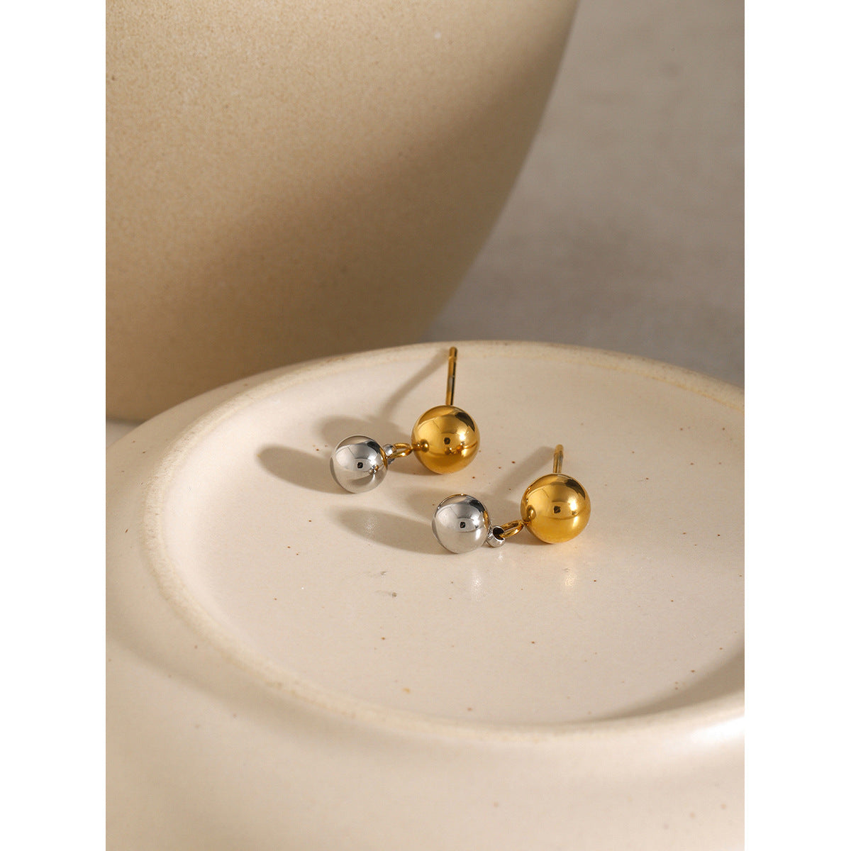 Gold-tone stainless steel round bead stud earrings, 1.46cm diameter, lightweight and hypoallergenic. 3