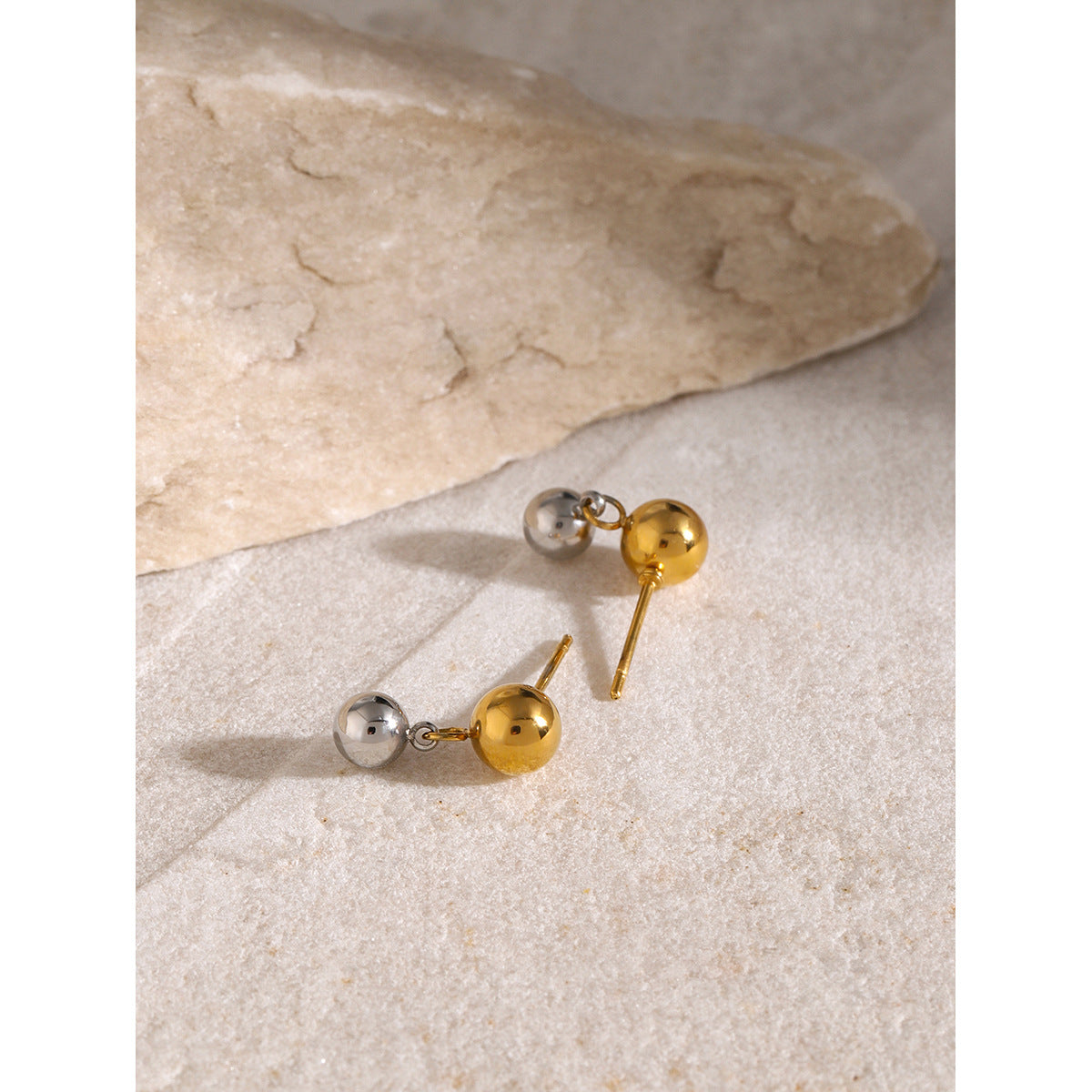 Gold-tone stainless steel round bead stud earrings, 1.46cm diameter, lightweight and hypoallergenic. 6