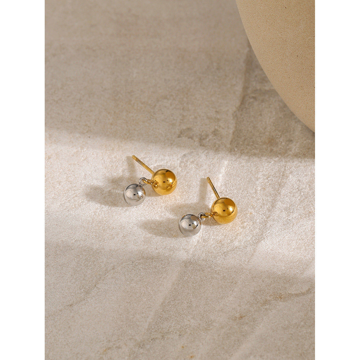 Gold-tone stainless steel round bead stud earrings, 1.46cm diameter, lightweight and hypoallergenic. 7