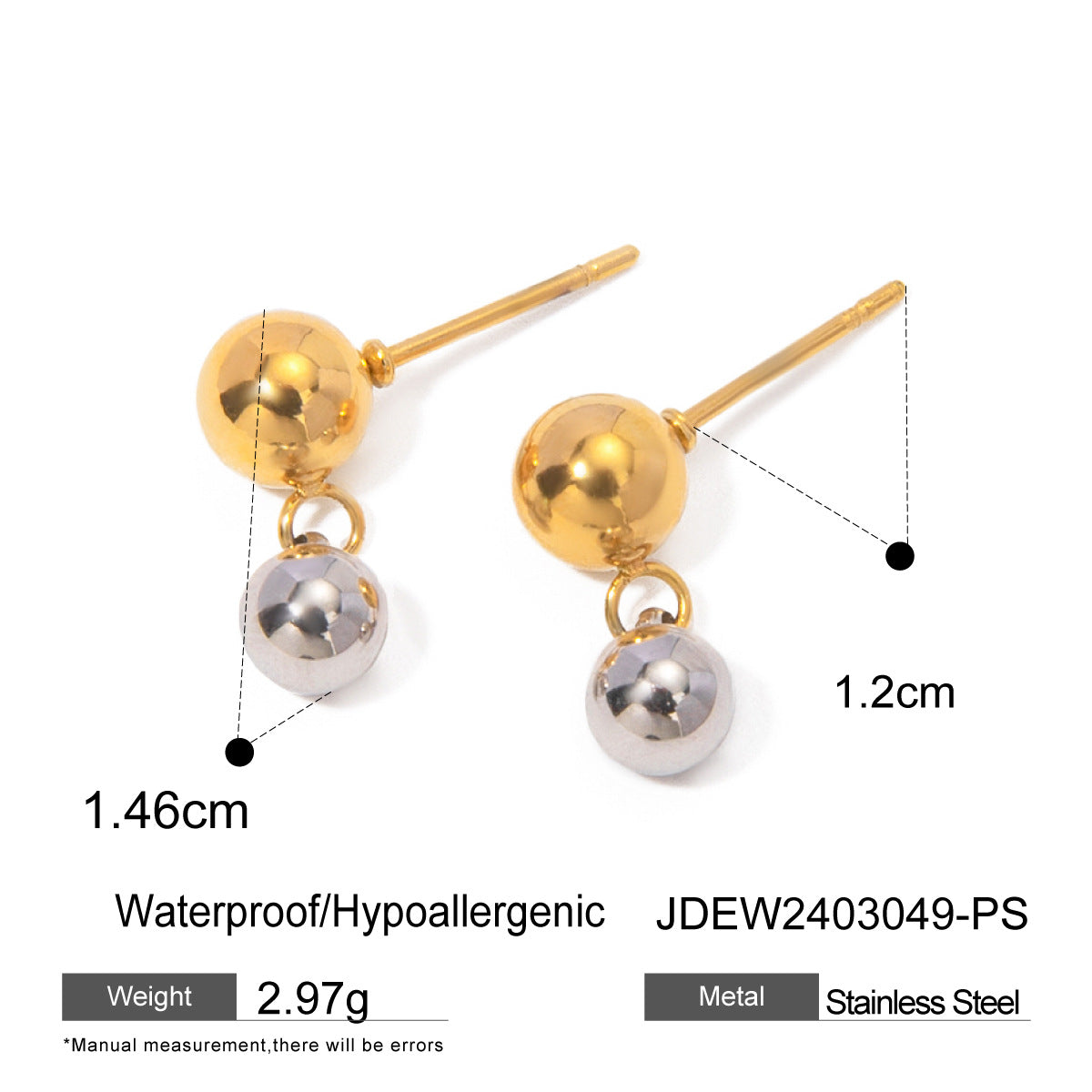 Gold-tone stainless steel round bead stud earrings, 1.46cm diameter, lightweight and hypoallergenic. 8