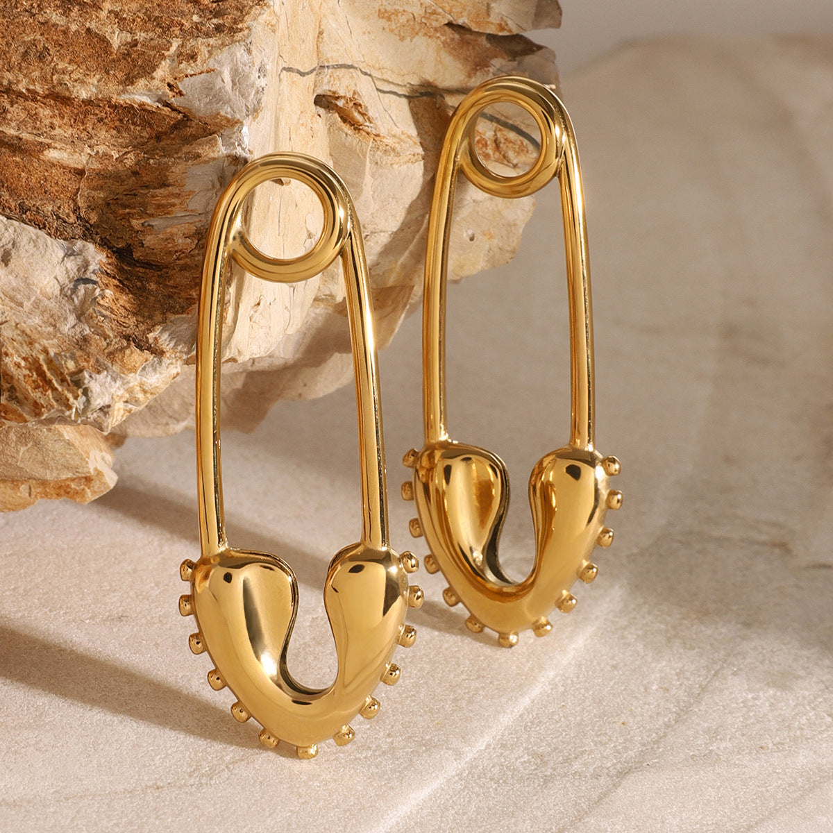 Gold-tone stainless steel minimalist safety pin earrings, 5.51cm length, edgy everyday jewelry 2