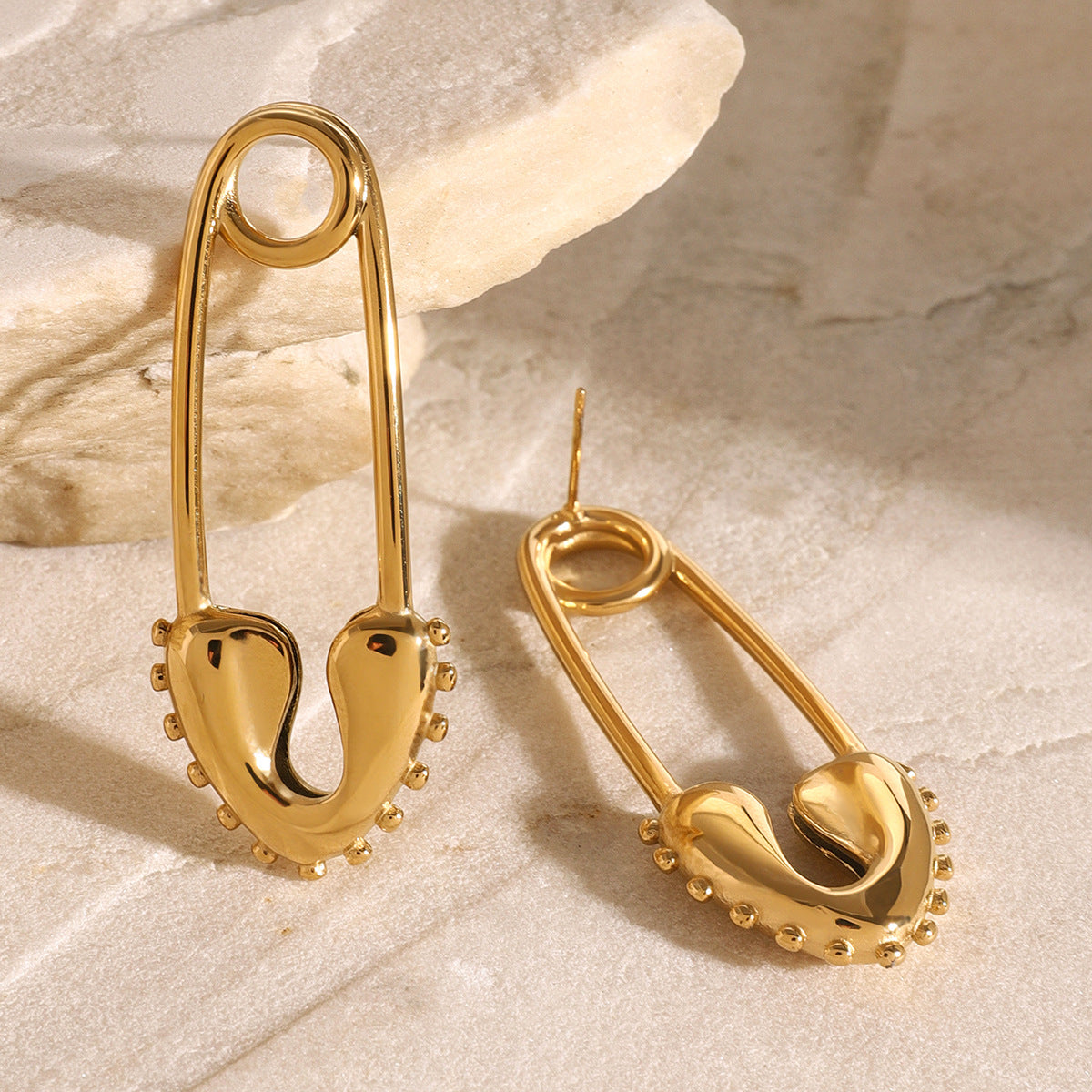 Gold-tone stainless steel minimalist safety pin earrings, 5.51cm length, edgy everyday jewelry 3