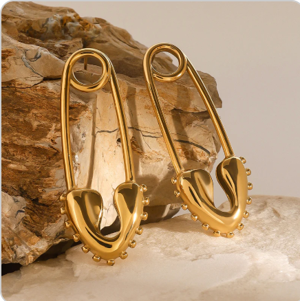 Gold-tone stainless steel minimalist safety pin earrings, 5.51cm length, edgy everyday jewelry 39