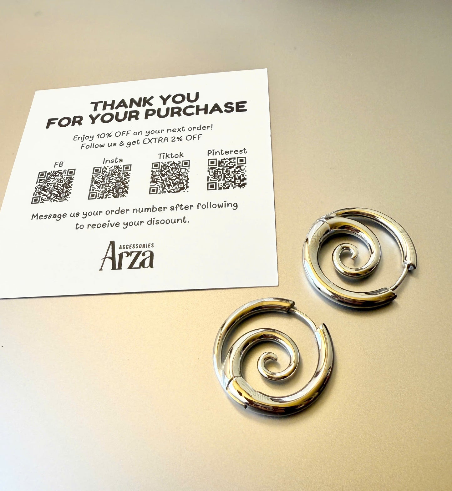 Modern gold-tone spiral hoop earrings (2.72cm) by Arza Accessories - waterproof stainless steel party jewelry with unique twist design 82