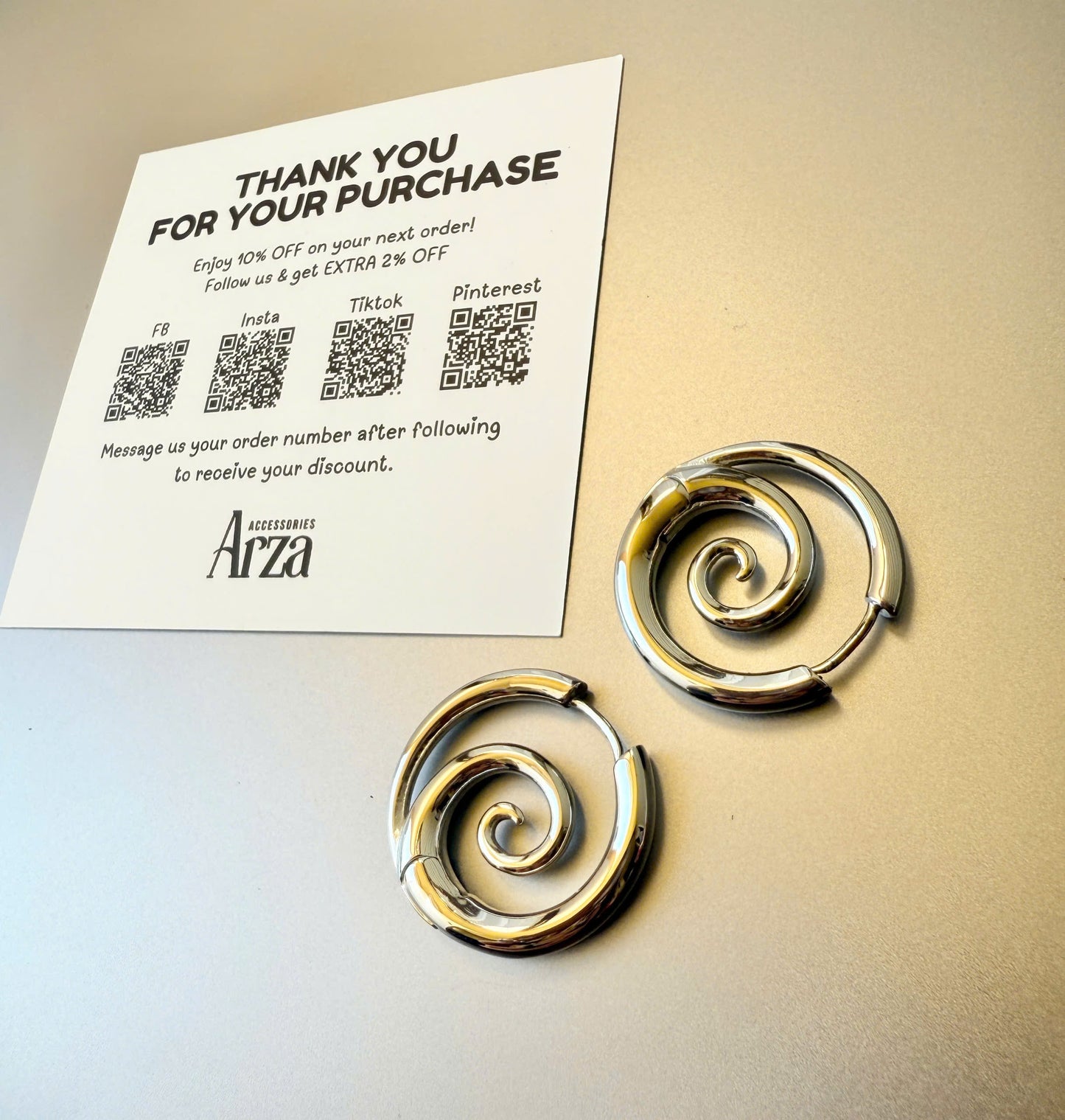 Modern gold-tone spiral hoop earrings (2.72cm) by Arza Accessories - waterproof stainless steel party jewelry with unique twist design 85