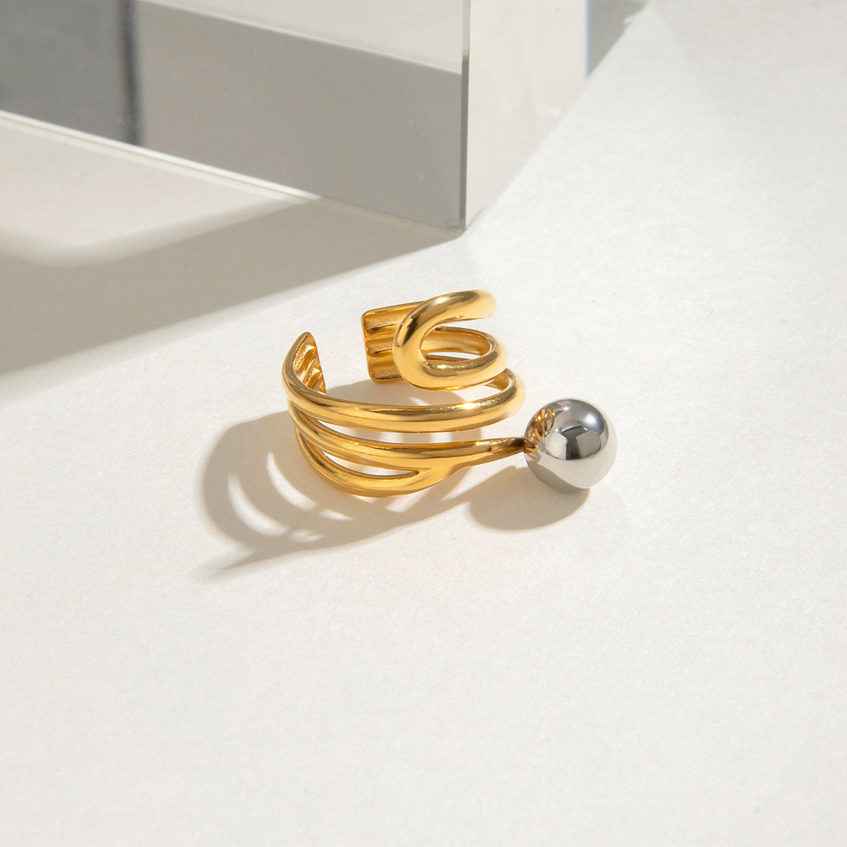 Gold plated statement ring with gray pearl inlay, bold adjustable party jewelry for women-6