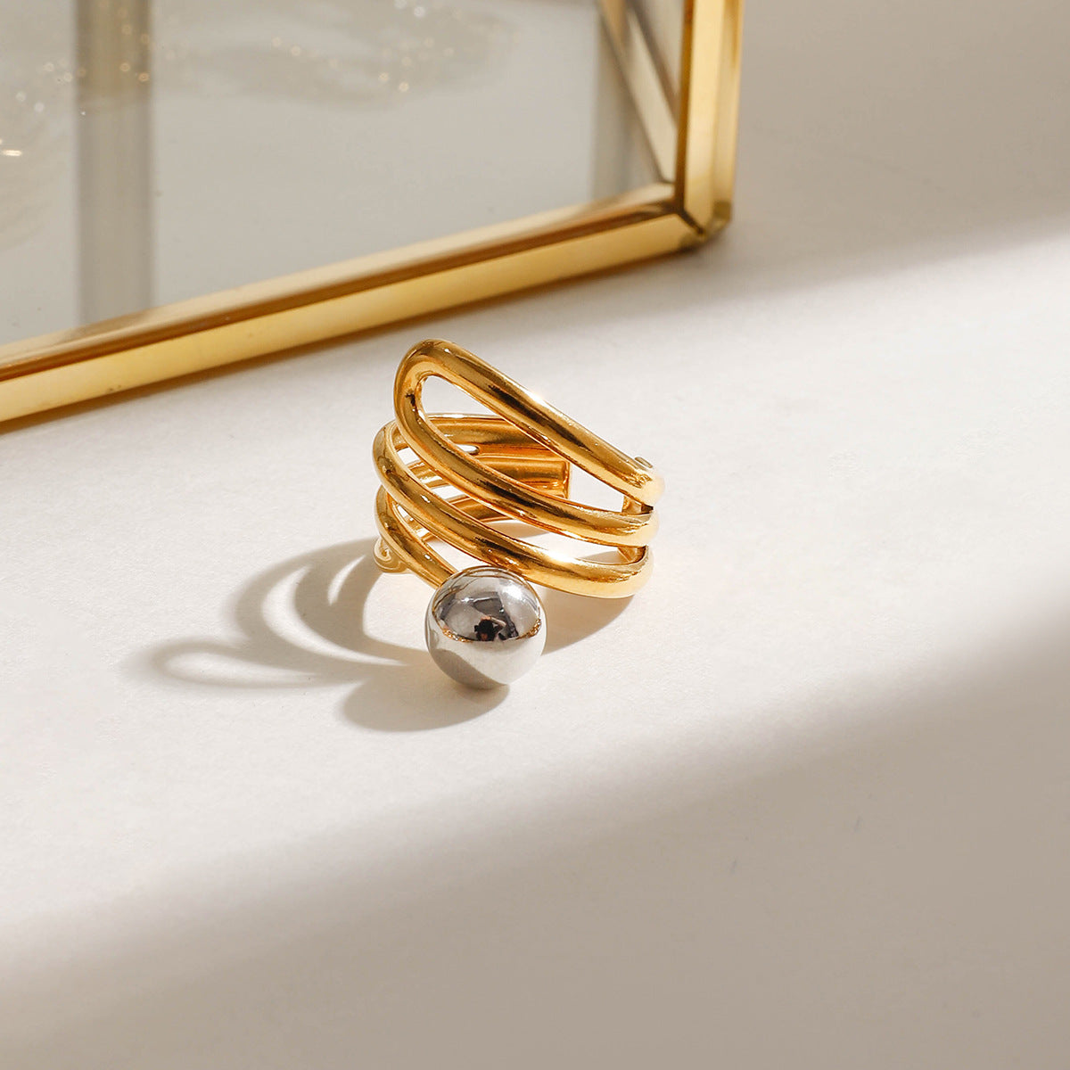 Gold plated statement ring with gray pearl inlay, bold adjustable party jewelry for women-3