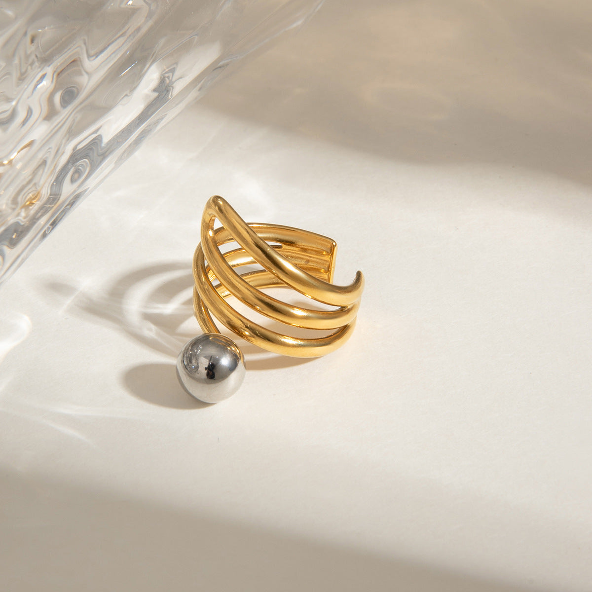 Gold plated statement ring with gray pearl inlay, bold adjustable party jewelry for women-7