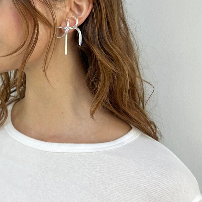 Hypoallergenic gold and silver bow earrings (55mm) - minimalist dangle jewelry for women 5