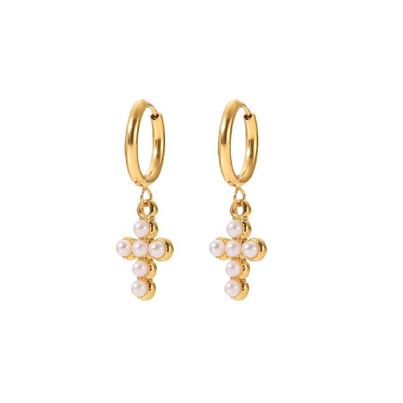 Hypoallergenic gold cross earrings with pearl studs for women, simple and elegant design for everyday or party wear. - 10