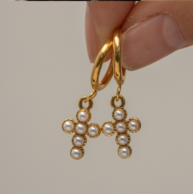 Hypoallergenic gold cross earrings with pearl studs for women, simple and elegant design for everyday or party wear. - 2