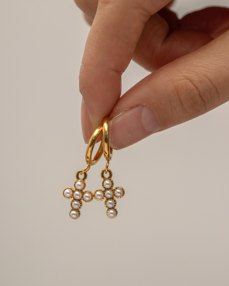 Hypoallergenic gold cross earrings with pearl studs for women, simple and elegant design for everyday or party wear. - 3