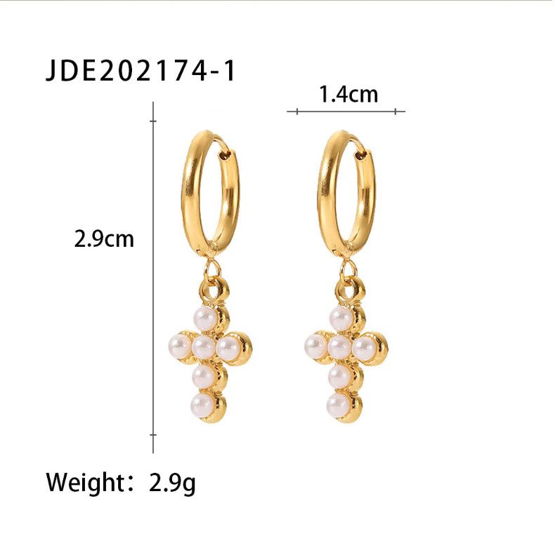 Hypoallergenic gold cross earrings with pearl studs for women, simple and elegant design for everyday or party wear. - 4