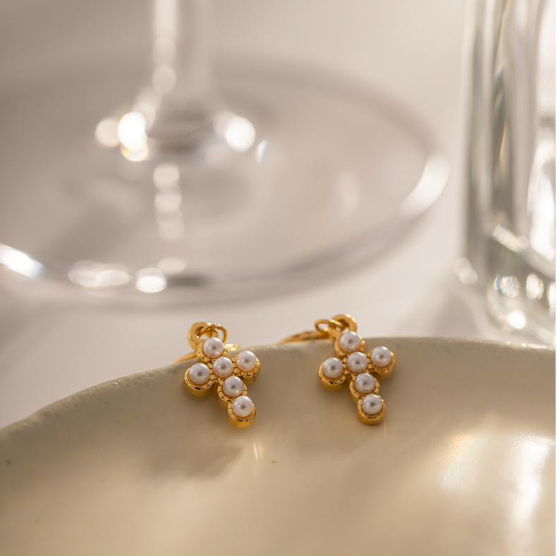 Hypoallergenic gold cross earrings with pearl studs for women, simple and elegant design for everyday or party wear. - 5