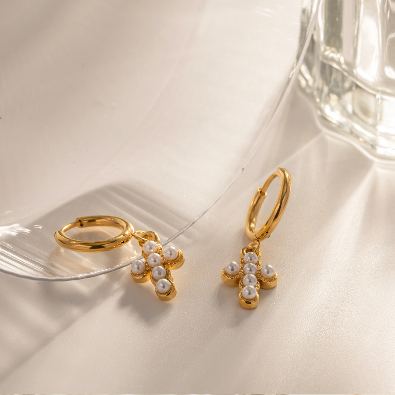 Hypoallergenic gold cross earrings with pearl studs for women, simple and elegant design for everyday or party wear. - 6