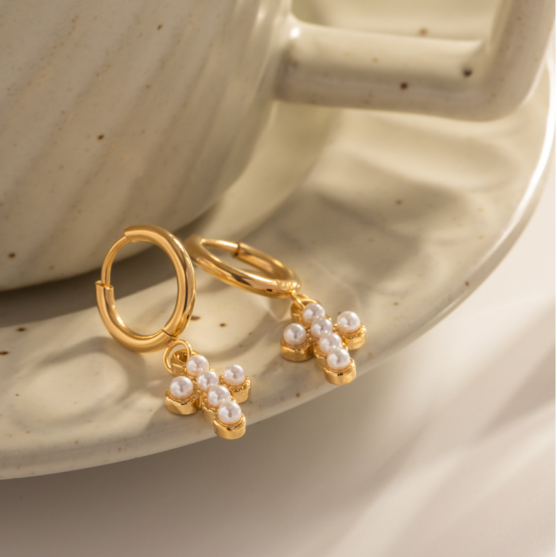 Hypoallergenic gold cross earrings with pearl studs for women, simple and elegant design for everyday or party wear. - 9