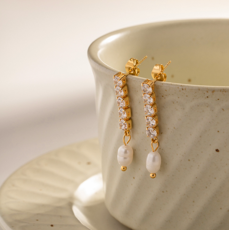 Hypoallergenic gold pearl dangle earrings (3.4cm) for women - casual and party jewelry 8