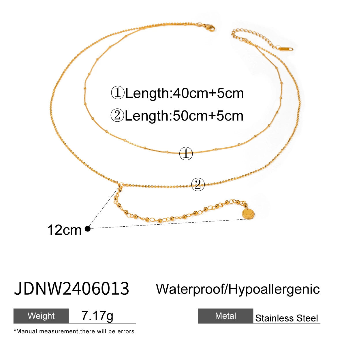 Two-layer gold necklace set showing 40+5cm and 50+5cm chains with 12mm coin charm 7