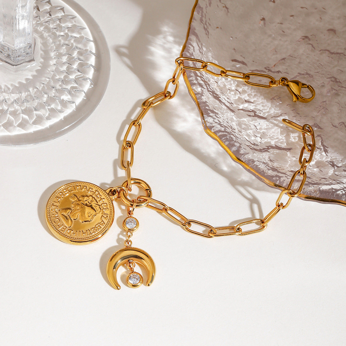 Gold round charm bracelet by Azra Accessories – bold 2.32cm charm with 20cm adjustable chain for everyday wear 7