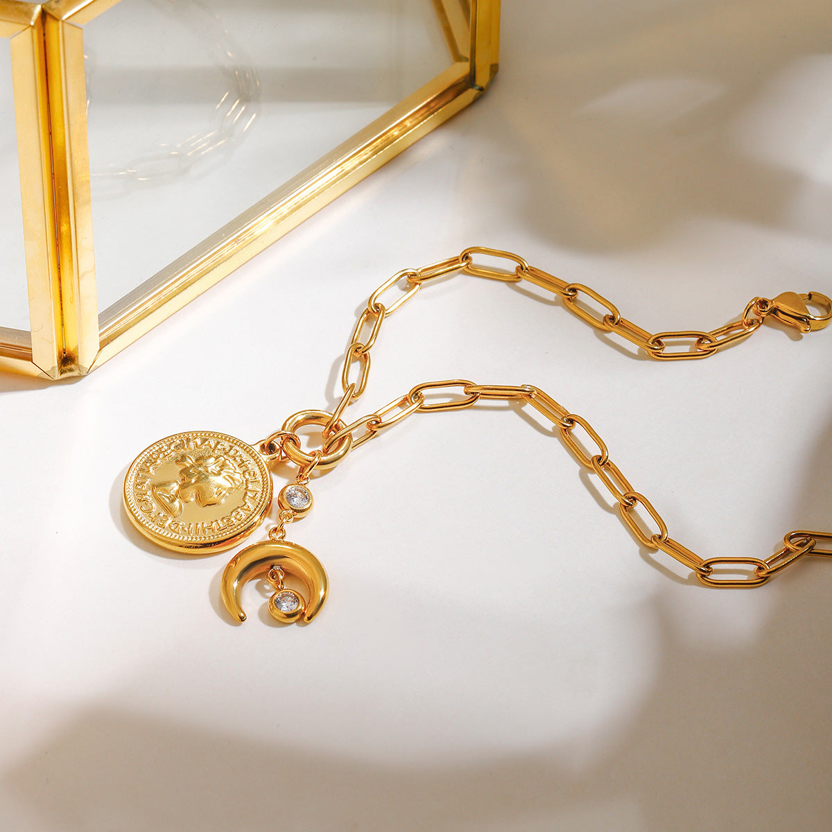 Gold round charm bracelet by Azra Accessories – bold 2.32cm charm with 20cm adjustable chain for everyday wear 5