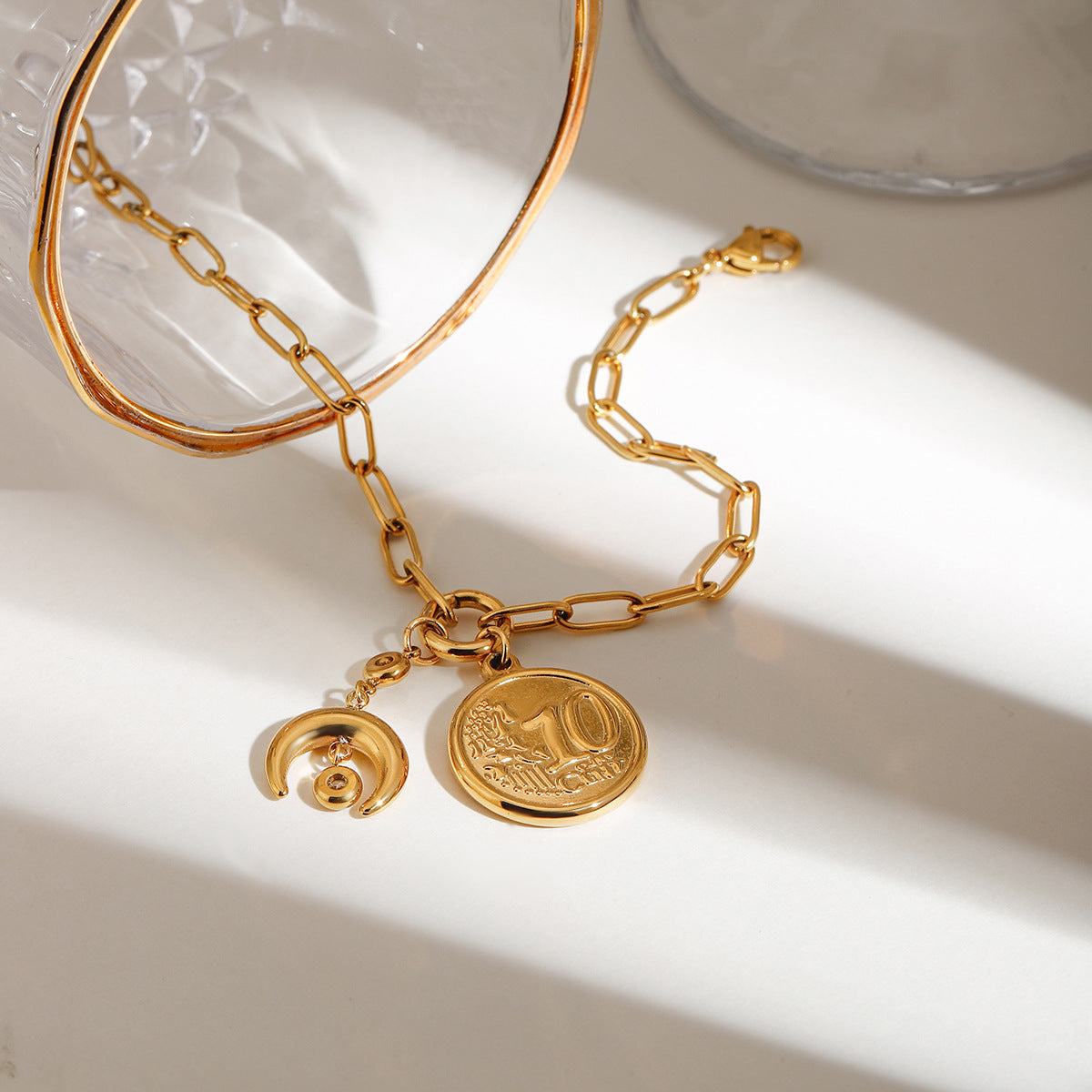 Gold round charm bracelet by Azra Accessories – bold 2.32cm charm with 20cm adjustable chain for everyday wear 3