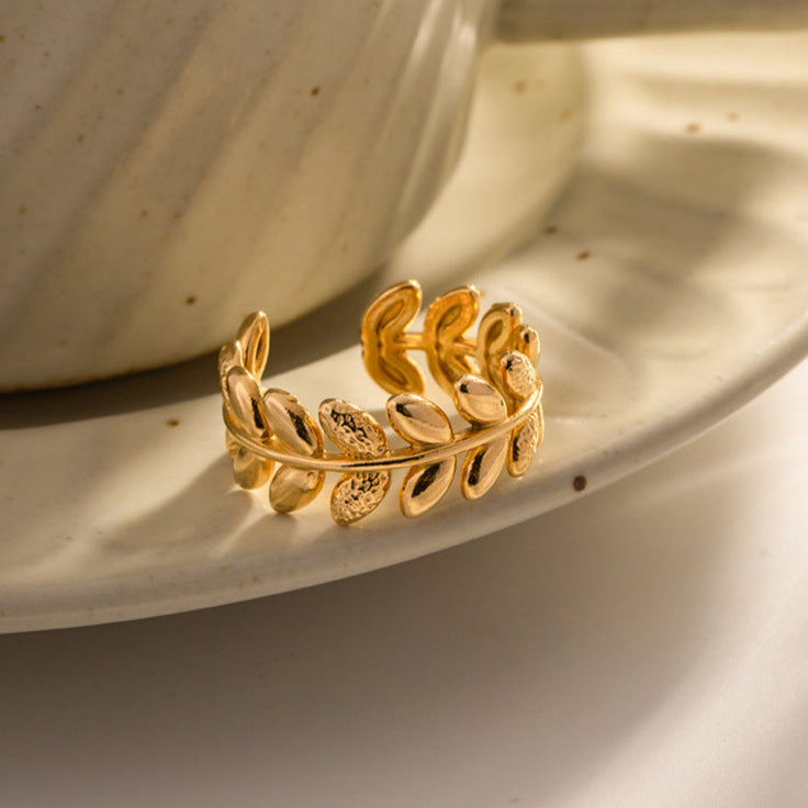 Adjustable gold leaf stackable rings set - feminine jewelry gift for women (3.76g) - 1
