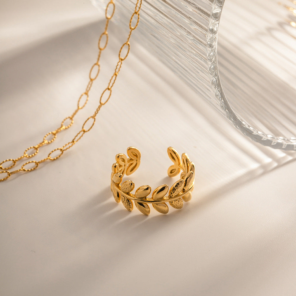 Adjustable gold leaf stackable rings set - feminine jewelry gift for women (3.76g) - 4