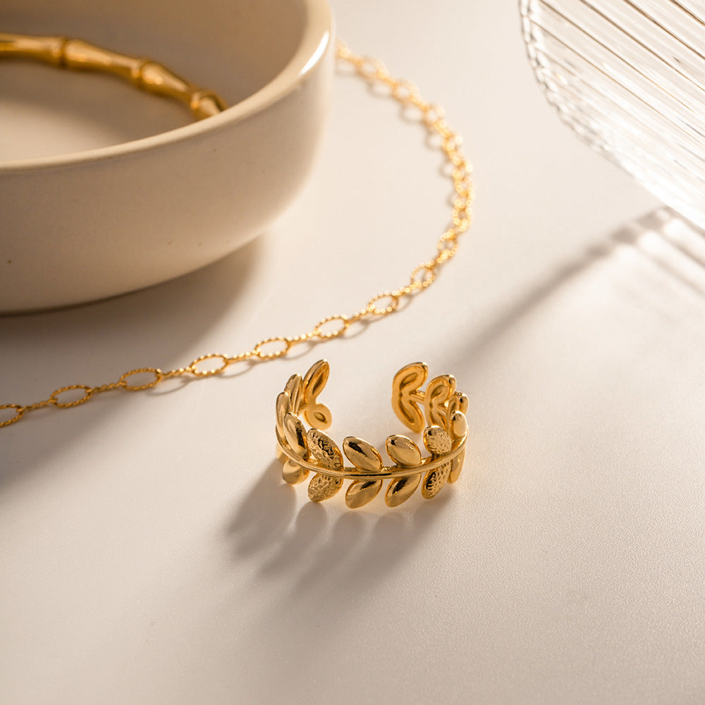 Adjustable gold leaf stackable rings set - feminine jewelry gift for women (3.76g) - 7