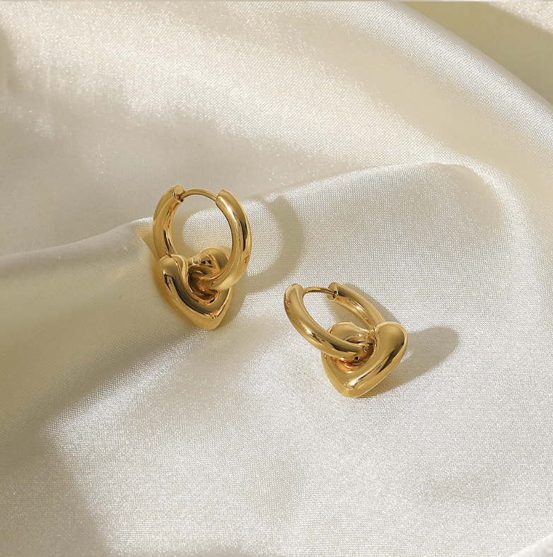 Gold heart-shaped earrings for women (2.2cm x 1.5cm), simple elegant design for daily wear or special occasions. 2