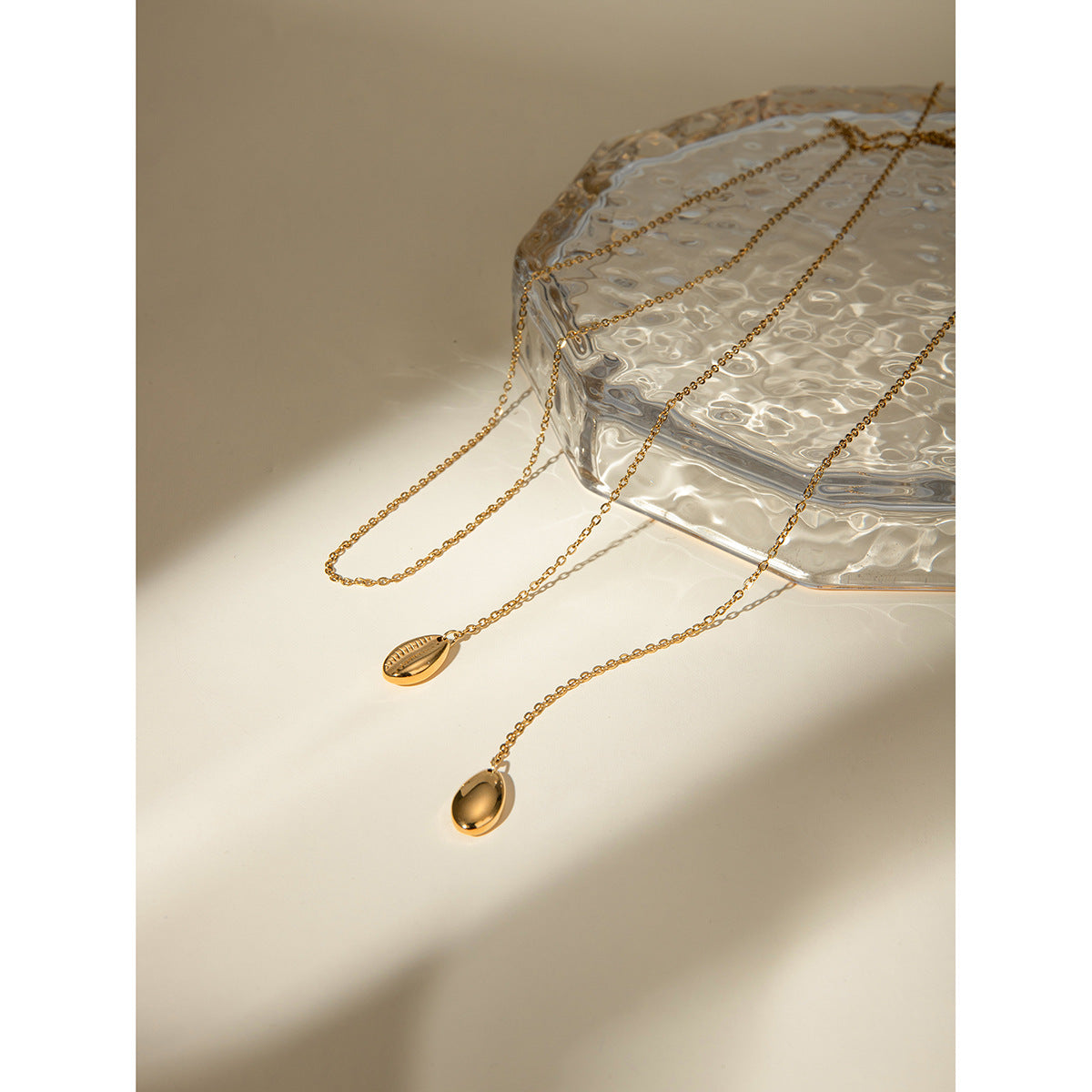 Thin gold adjustable chain necklace (110cm length, 0.8cm width) shown in layered styling 5
