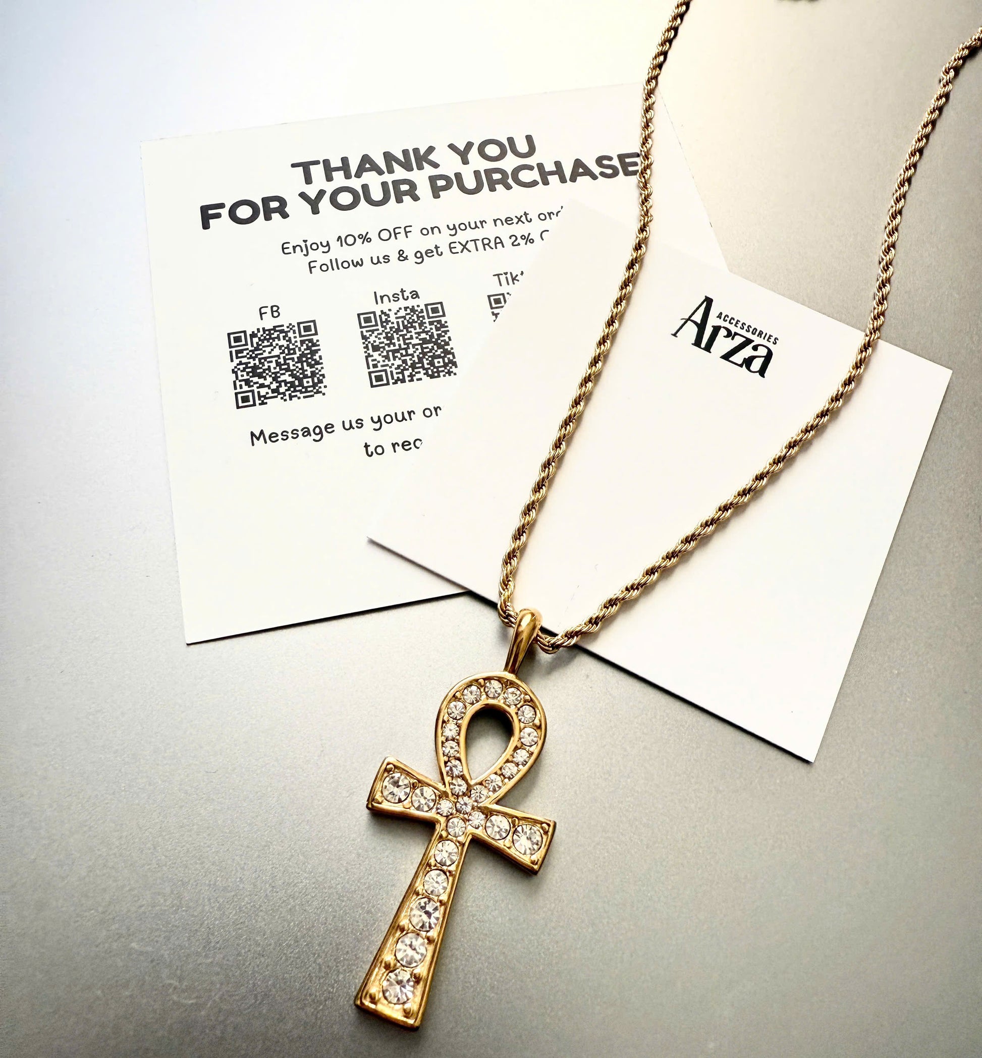 Gold-tone stainless steel necklace with crystal-studded Ankh cross pendant, 50cm chain + 5cm extension, waterproof and hypoallergenic, product code JDN2404024, weight 11.5g - 44