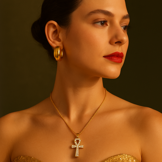 Gold-tone stainless steel necklace with crystal-studded Ankh cross pendant, 50cm chain + 5cm extension, waterproof and hypoallergenic, product code JDN2404024, weight 11.5g - 4