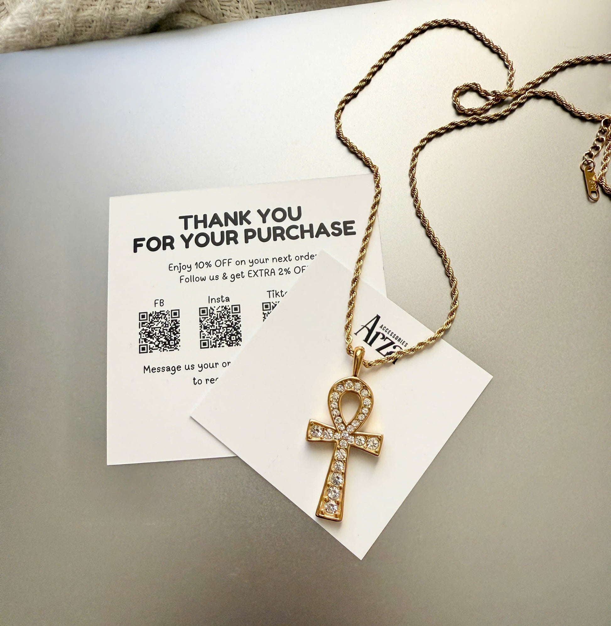 Gold-tone stainless steel necklace with crystal-studded Ankh cross pendant, 50cm chain + 5cm extension, waterproof and hypoallergenic, product code JDN2404024, weight 11.5g - 45