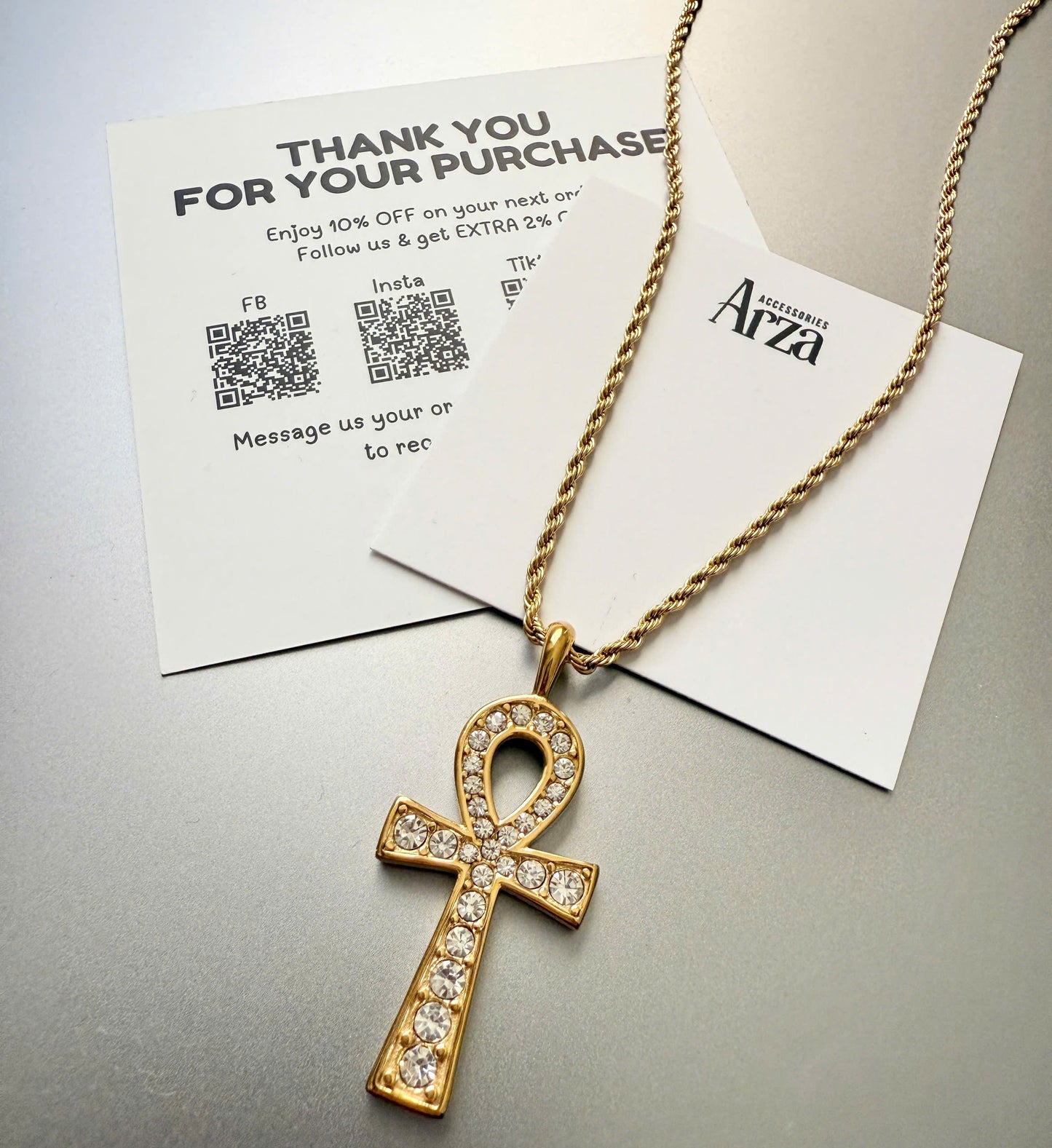 Gold-tone stainless steel necklace with crystal-studded Ankh cross pendant, 50cm chain + 5cm extension, waterproof and hypoallergenic, product code JDN2404024, weight 11.5g - 41