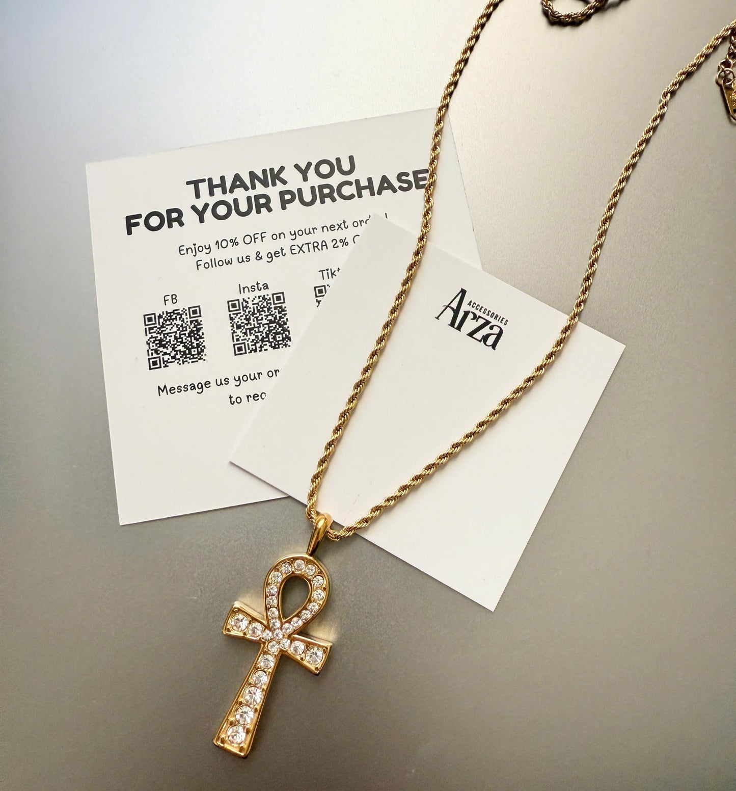 Gold-tone stainless steel necklace with crystal-studded Ankh cross pendant, 50cm chain + 5cm extension, waterproof and hypoallergenic, product code JDN2404024, weight 11.5g - 42