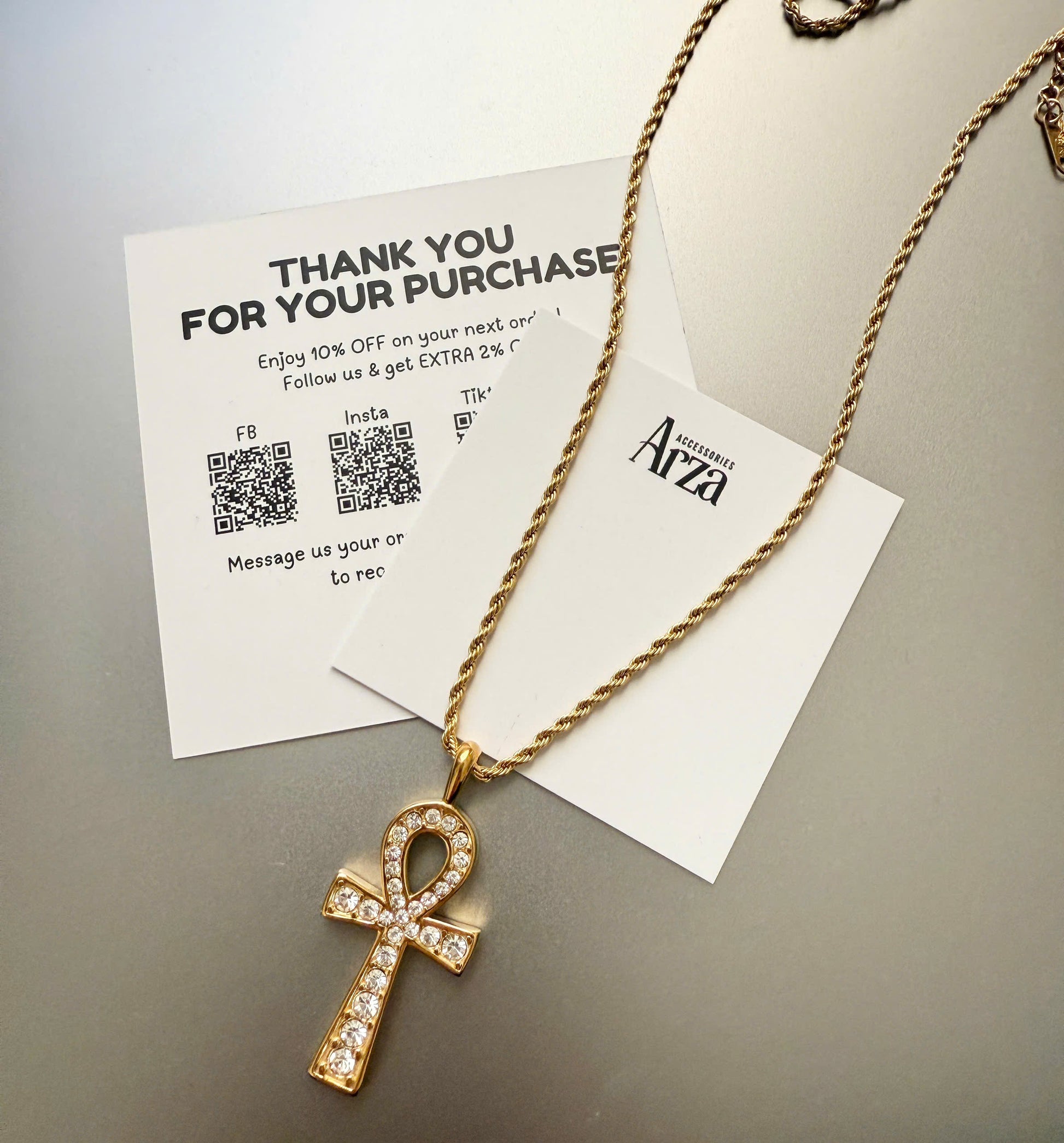 Gold-tone stainless steel necklace with crystal-studded Ankh cross pendant, 50cm chain + 5cm extension, waterproof and hypoallergenic, product code JDN2404024, weight 11.5g - 42